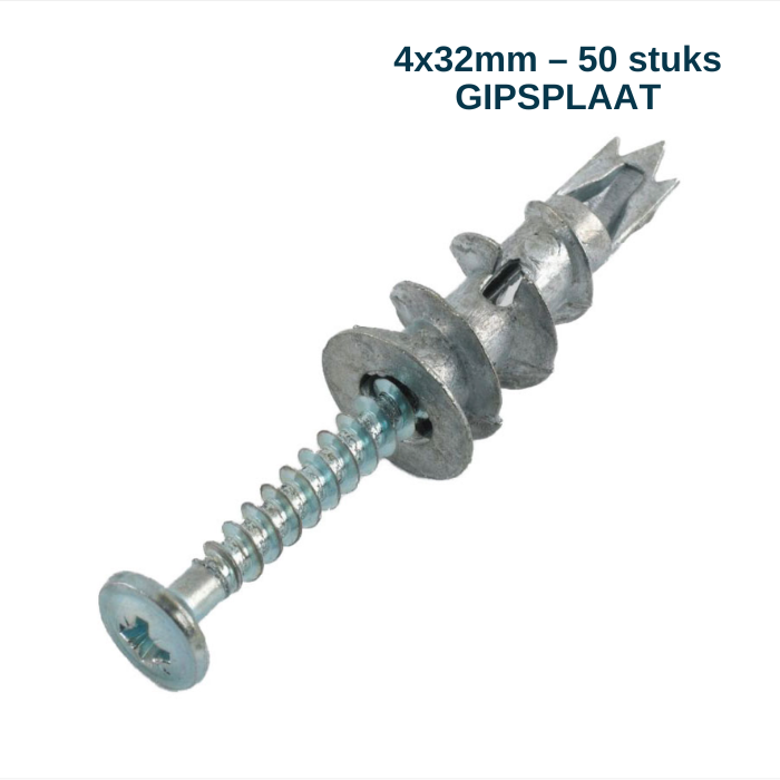 Gipsplaatplug metaal 4x32 mm – 50 stuks – zelfborende hollewandplug