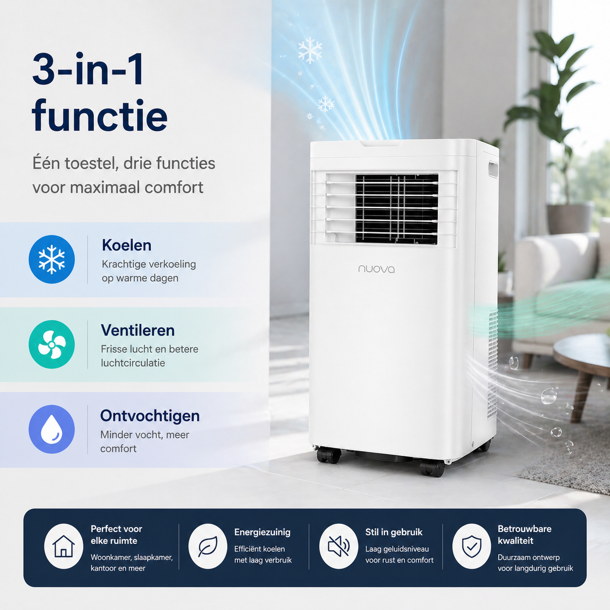 Nuova mobiele airco 9000 BTU 3-in-1 functie koelen ventileren ontvochtigen