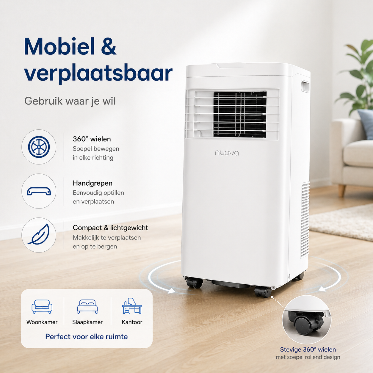 Nuova mobiele airco 9000 BTU mobiel en verplaatsbaar met wieltjes